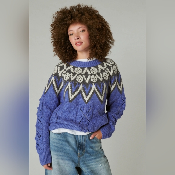NWT Lucky Brand Fair Isle Pattern Chunky Cable Knit Sweater - Picture 1 of 9